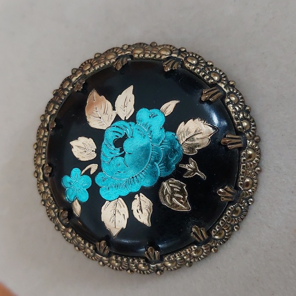 Western Germany Jewelry - 💚5/$25💚 Vintage Western Germany Eloxal Damascene Black Gold Turquoise Brooch